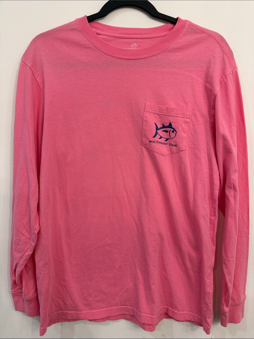 Southern Tide Coral Pink Long Sleeve Pocket Tee with Navy Fish Logo